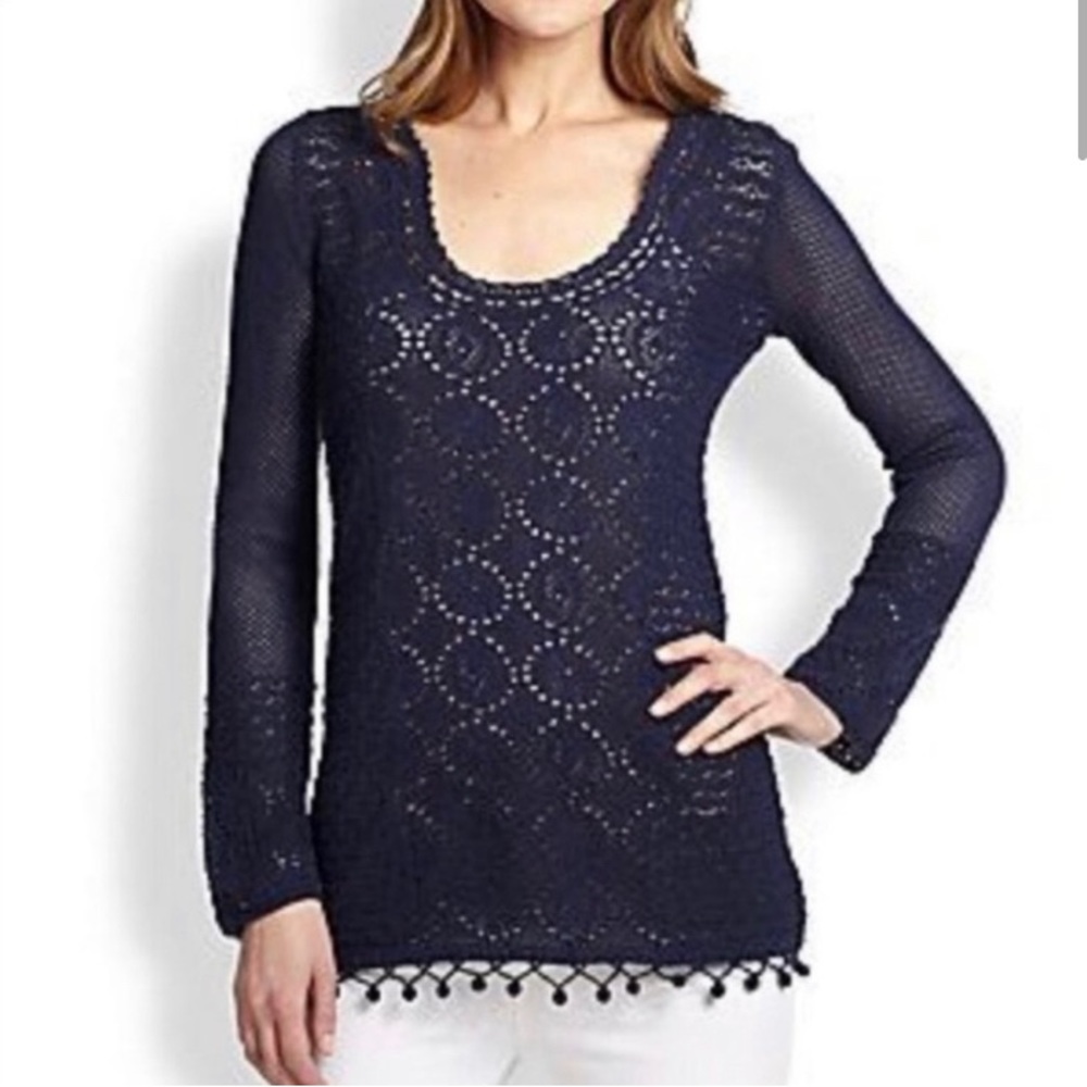 Lilly Pulitzer Athena crochet knit navy tunic sweater. Size XS